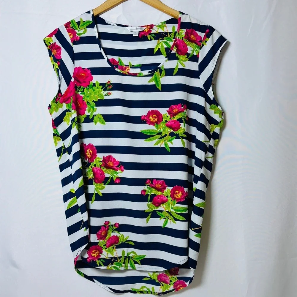 Charlie Floral Striped Blouse Womens L Navy White Pink Sleeveless Top - Picture 2 of 3